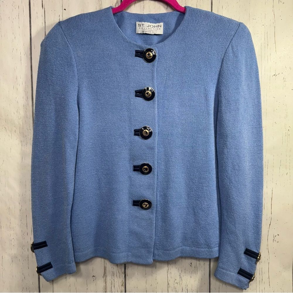 St. John Collection by Marie Gray Light Blue Knit Jacket Button Quiet Luxury